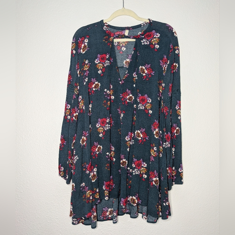 Free People Womens Blue Floral Boho Oversized Mini Tunic Swing Dress M